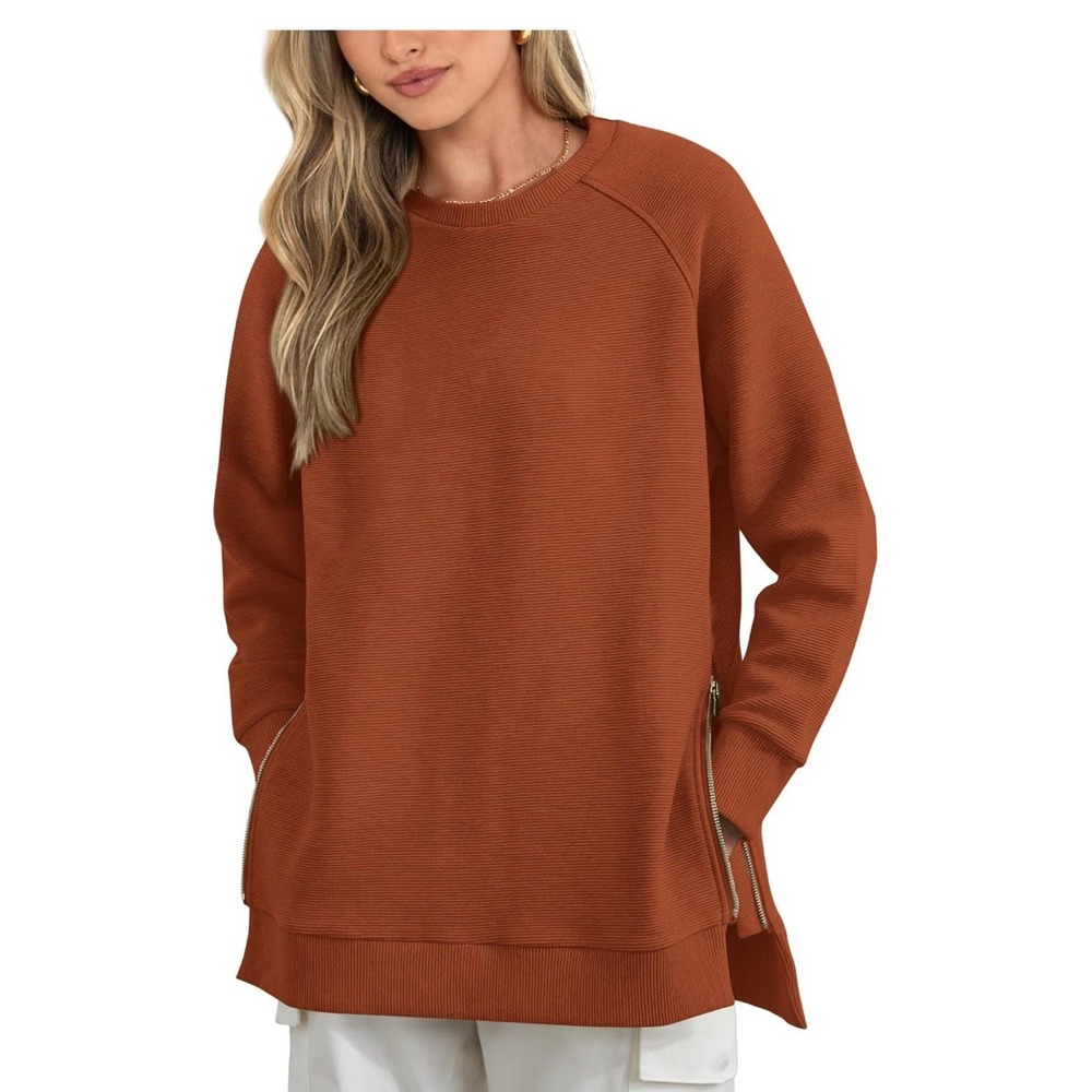 SimpleFun‎ Womens Rust Orange Ribbed Side Zip Crewneck Sweatshirt Pullover NEW